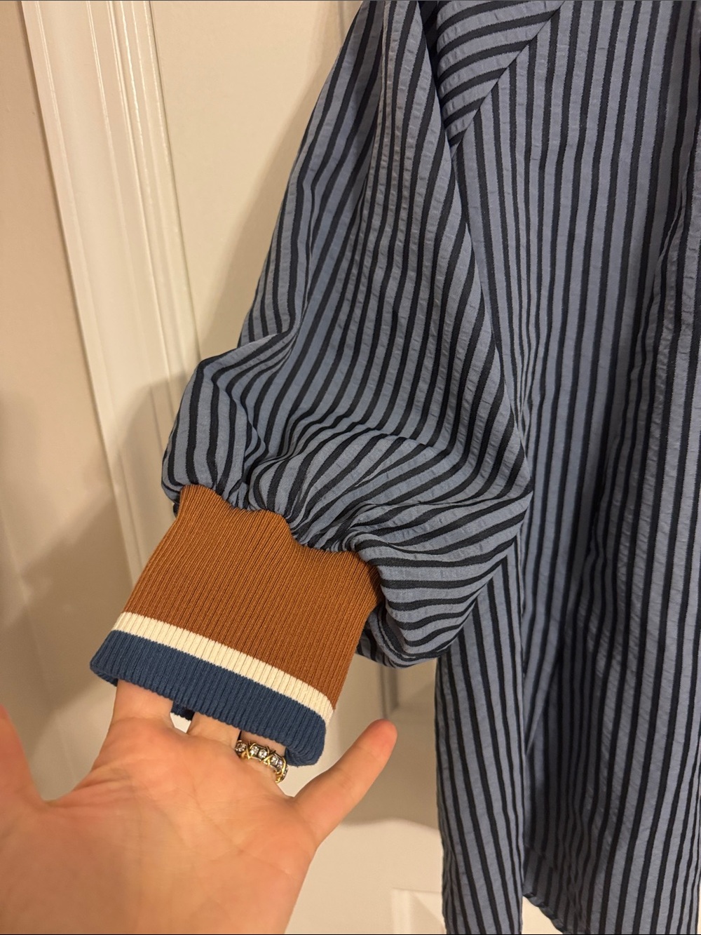Blue Striped Half-Zip Shirt with Brown Trim - Picture 8 of 10